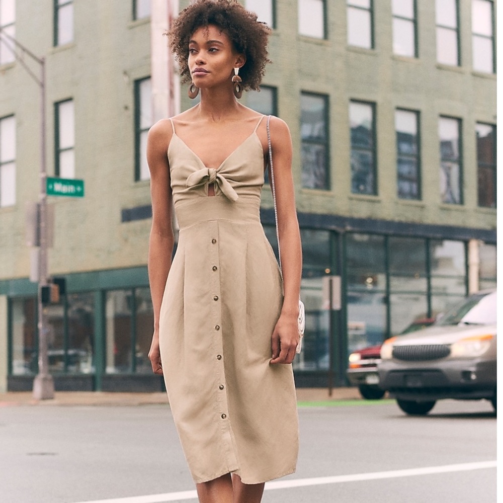 Linen-Blend Button Front Tie Midi Dress NWOT